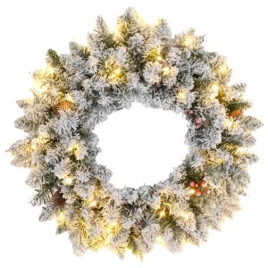 promo HOMCOM Couronne de Noël Porte givrée Artificielle 60 CM décoration de Noël Lumineuse avec Pommes de pin et Baies Rouges, lumières LED et minuterie, pour Porte, fenêtre ou cheminée, Vert