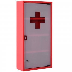 promo HOMCOM Armoire à Pharmacie 3 étagères 4 Niveaux verrouillable Porte Verre trempé dépoli Logo Croix 30L x 12l x 60H cm Acier Rouge