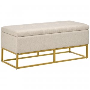 promo HOMCOM Banc Banquette Coffre de Rangement 2 en 1 Assise capitonnée et Pieds Acier - 110 x 44 x 48 cm Beige et doré