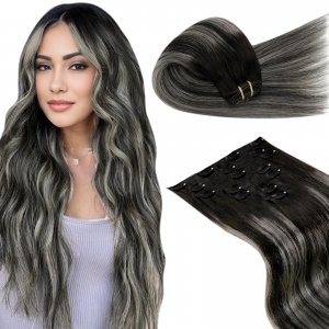 promo LaaVoo Extension a Clip Cheveux Natural Noir Balayage Extension Cheveux Natural Clip Noir Balayage Silver Extension Cheveux Natural à Clips Double Weft 40cm 7pcs/105g #1b/silver/1b