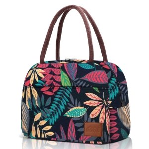 promo Moyad Sac Repas Isotherme Femmes Fourre-Tout Glacière à Déjeuner Réutilisable Lunch Bag Classique 10L, Motifs Feuilles & Rouge