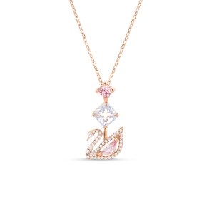 promo Swarovski Collier en Y Dazzling Swan, cygne serti de cristaux étincelants, placage de ton or rosé, rose