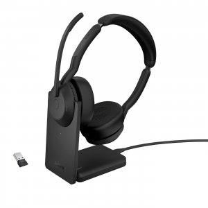 promo Jabra Evolve2 55 Micro-casque sans fil stéréo avec base de chargement, Jabra Air Comfort, micros à réduction de bruit et ANC. Fonctionne avec les plateformes UC telles que Zoom et Google Meet - Noir