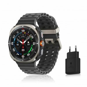 promo Samsung Galaxy Watch Ultra, Montre Connectée Intelligente, Suivi de Santé, Suivi Sportif, 47mm, 4G, Argent Titane, Galaxy AI, Chargeur secteur inclus (Version FR) [Exclusivité Amazon]