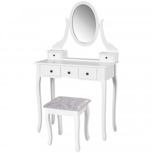 promo HOMCOM Coiffeuse avec Miroir et Tabouret 5 tiroirs Table de Maquillage avec Pieds en Bois de pin Massif 80 x 40 x 140cm Blanc