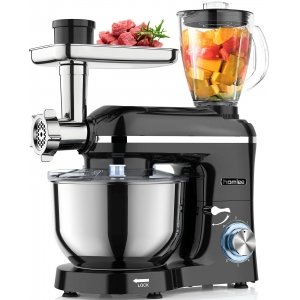 promo Homlee Robot Pâtissier Multifonctions 1800W Blender Robot Professionnel Hachoir à Viande Électrique avec Mixeur Verre 1,5L, 3 Plaques de Broyage, Bol d'Acier Inoxydable 5.5L