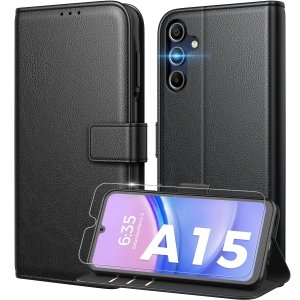 promo Peakally Coque pour Samsung Galaxy A15 5G/4G [ Verre Trempé Protection *1 ] [ Blocage du Signal RFID ] [ Premium PU ] [ Pochette de Portefeuille ] Etui à Rabat pour Samsung A15 5G/4G, Noir