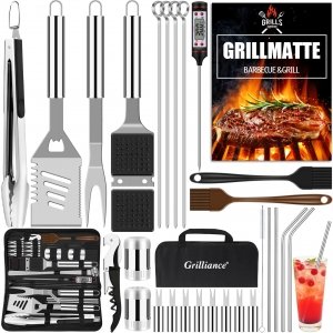 promo Grilliance Lot de 30 ustensiles de Barbecue en Acier Inoxydable de qualité supérieure - Pince à Barbecue - avec Mallette et Tapis de Barbecue pour Homme - Cadeau pour Le Jardin, Le Camping - Argenté