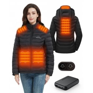 promo HEWINZE Veste chauffante pour Femme avec Capuche, Doudoune Chaude pour Femme avec Batterie 7,4 V, Veste d'hiver à Double Commande pour randonnée en Plein air Chasse Moto Camping