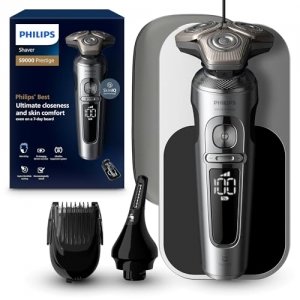 promo Philips Rasoir électrique Series 9000 Prestige, chrome brillant, système de rasage Lift & Cut, technologie SkinIQ, socle de recharge Qi, styler la barbe, tondre le nez, (modèle SP9871/22)