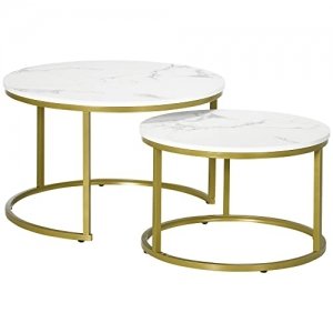 promo HOMCOM Lot de 2 Tables Basses gigognes Tables Rondes Plateau Blanc Aspect marbre et Pied en Acier doré