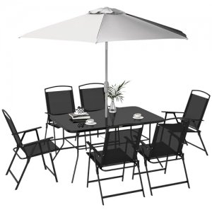 promo Outsunny Ensemble salon de Jardin 8 pièces avec Grand parasol, Table dim.140L x 90l x 70H cm et chaises Pliantes pour 6 Personnes - métal époxy textilène Polyester Noir
