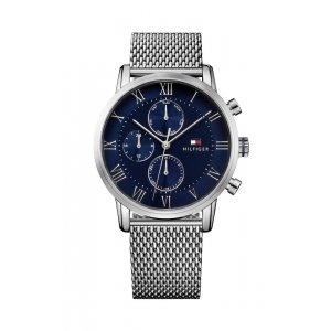 promo Tommy Hilfiger Montre Multifonction à Quartz pour Homme de 44mm avec Cadran Bleu, Boîtier en Acier Inoxydable et Bracelet Maille, Résistant à l'Eau 3ATM - 1791398