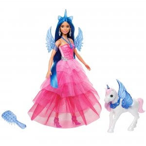 promo Barbie Licorne Poupée 65Ème Anniversaire Aux Cheveux Bleus Une Touche De Magie, Robe Rose, Licorne Ailée Et Autres Accessoires, Jouet Enfant, A Partir De 3 Ans, HRR16