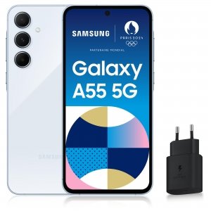 promo Samsung Galaxy A55 5G, Smartphone Android, 256 Go, Chargeur secteur rapide 25W inclus [Exclusivité Amazon], Smartphone déverrouillé, Bleu, Version FR