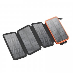 promo FEELLE Chargeur Solaire 25000mAh, Solaire Batterie Externe avec Double Sortie USB 3,0A et 4 Panneaux Solaires Pliables Chargeur Portable pour Smartphone, Tablette, Camping et Plus (Orange)