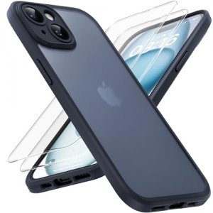 promo TOCOL 3 en 1 Coque pour iPhone 15, avec 2 Verre Trempé Protection écran [Protection de l'objectif améliorée] Antichoc Mat Translucide, Matt Noir