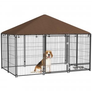 promo PawHut Chenil extérieur Niche pour Chiens en Acier et Tissu Oxford avec Support gamelle et Toit résistant aux intempéries Espace spacieux 211 x 141 x 151 cm Noir et Marron