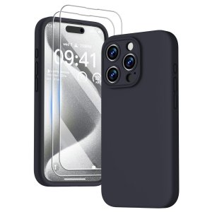 promo GOODVISH 3 en 1 Coque iPhone 15 Pro Silicone Liquide - avec 2 Verre Trempé - Étui Protection Précise de Caméra [Résistant aux Rayures] [Antidérapant] iPhone 15 Pro Case 6.1\