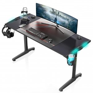 promo EUREKA ERGONOMIC Bureau Gaming LED Bureau Gamer 140x60 cm Bureau Informatique pour Gaming PC avec Lumière RGB, Gratuit Tapis Souris, Porte Gobelet, Crochet Casque