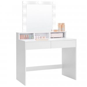 promo VASAGLE Coiffeuse, Miroir LED à Luminosité Réglable, Table de Maquillage avec Miroir, 2 Tiroirs et 3 Compartiments, Coin Beauté, Style Moderne, Blanc RDT114W01