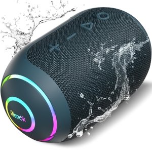 promo RIENOK Enceinte Bluetooth Portable, Haut Parleur Puissant Lumineuse IPX7 avec Bluetooth 5.3, Autonomie 10H, 1800mAh, Port TF Carte/AUX, pour Soirées Plage, Randonnées, Voyage, Bleu