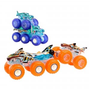 promo Hot Wheels Gros Camion Monster Trucks Power Smashers Coffret Mega-Wrex et Tiger Shark à l’échelle 1/64, avec Leurs remorques à décoration Power Smashers Assortie, HYJ29