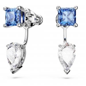 promo Swarovski Boucles d'oreilles transformables Mesmera, serties de pierres carrées bleues et de pierres incolores en forme de poire, en métal rhodié