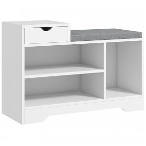 promo HOMCOM Banc à Chaussures, Banc de Rangement, 1 tiroir et 3 Compartiments, Meuble d'entrée avec Coussin rembourrée, pour Couloir, entrée, Chambre, 76,5 x 30 x 52 cm, Blanc