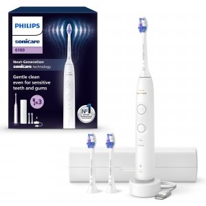 promo Philips Sonicare 6100 - Brosse à dents électrique sonique avec 2 modes de brossage et 3 niveaux d'intensité, Alerte de pression, EasyStart, SmarTimer et BrushPacer, Coffret de voyage, Blanc, HX7400/02