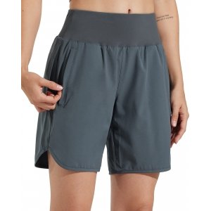 promo Libin Short Running Femme Taille Haute Doublure à Séchage Rapide 7'' Summer Sport Shorts de Tennis Volley Running Gym Randonnee avec et Poches Zippées,Gris Foncé M