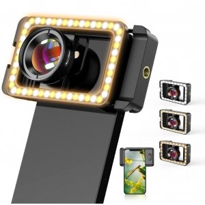 promo APEXEL Objectif Macro pour iPhone 15 Pro, Objectif d'appareil Photo de téléphone 3 en 1 avec lumière LED + Adaptateur d'objectif fileté de 17 mm pour iPhone, Samsung, Huawei