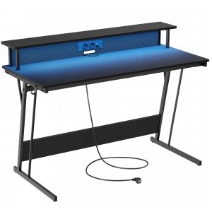 promo VASAGLE Bureau Gaming avec LED et Multiprise, Table Gamer, Bureau Informatique avec Rehausseur d’Écran, pour 2 Ordinateurs, pour Chambre, 55 x 135 x 76 cm, Noir Carbone LWD117B02