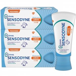 promo Sensodyne Pro-émail Junior, Dentifrice pour Enfants de 6 à 12 ans, Aide à Prévenir les Caries et Renforce l'Émail, Menthe Douce, Lot de 3 x 50ml