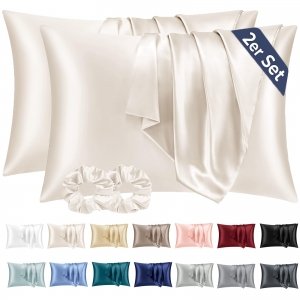 promo Taie Oreiller Satin 50x70 Lot de 2,pour Cheveux,Similaire Aux Taie d Oreiller en Soie,Taies d'oreillers 50x70 certifié Oeko-Tex Beige & 2 Satin Chouchous Vielit