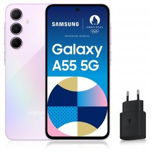 promo Samsung Galaxy A55 5G, Smartphone Android, 128 Go, Chargeur secteur rapide 25W inclus [Exclusivité Amazon], Smartphone déverrouillé, Lilas, Version FR