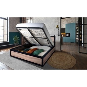 promo Lit coffre industriel Chicago de Sampur : 160 x 200 cm / Bois foncé / Avec matelas