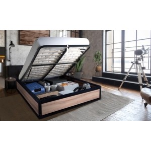 promo Lit coffre industriel Boston de Sampur : 140 x 190 cm / Bois clair / Lit + matelas