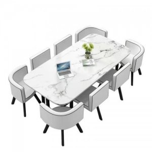 promo Meubler Design - Ensemble Table À Manger + 8 Chaises Encastrable Popup Xxl - Marbre Blanc Chaises Blanc