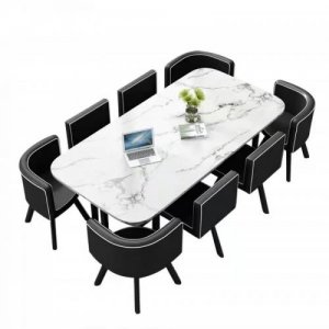 promo Meubler Design - Ensemble Table À Manger + 8 Chaises Encastrable Popup Xxl - Marbre Blanc Chaises Noir